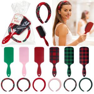 Vesici Vesici 6 Set Valentine Tartan Gift Bulk for Women Plaid Headbands Bulk Valentine Head Spa Set Tartan Hair Brush with Plastic Bags Labels Items Accessory for Spa Party Salon Makeup