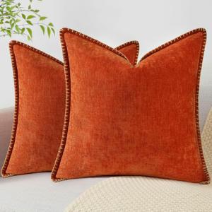 decorUhome Fall Chenille Soft Throw Pillow Covers 18x18 Set of 2, Farmhouse Velvet Neutral Decorative Pillow Covers with Stitched Edge for Couch Sofa Bed Home Decor, Rust