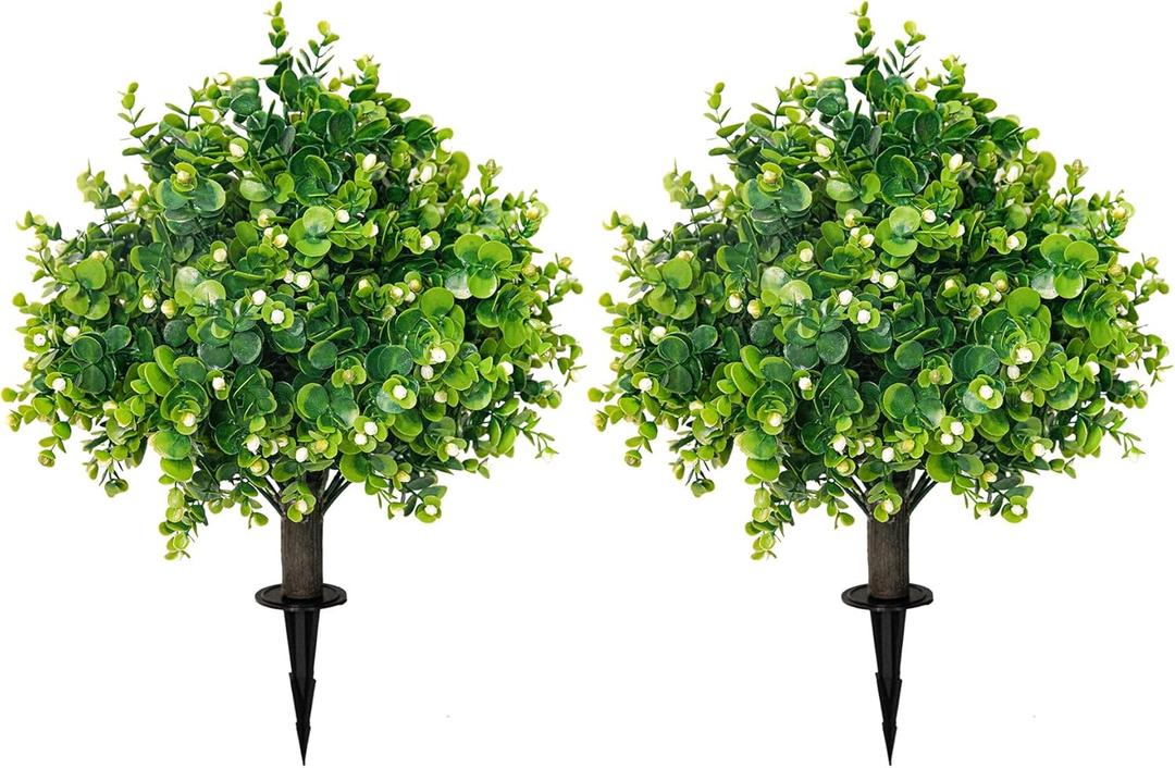 Artificial Boxwood Topiary Ball Trees 21.6" Tall UV Resistant Artificial Bushes, Set of 2 Faux Plants with Spike Easy to Push in The Ground for Indoor Outdoor Garden (21.6 inch)