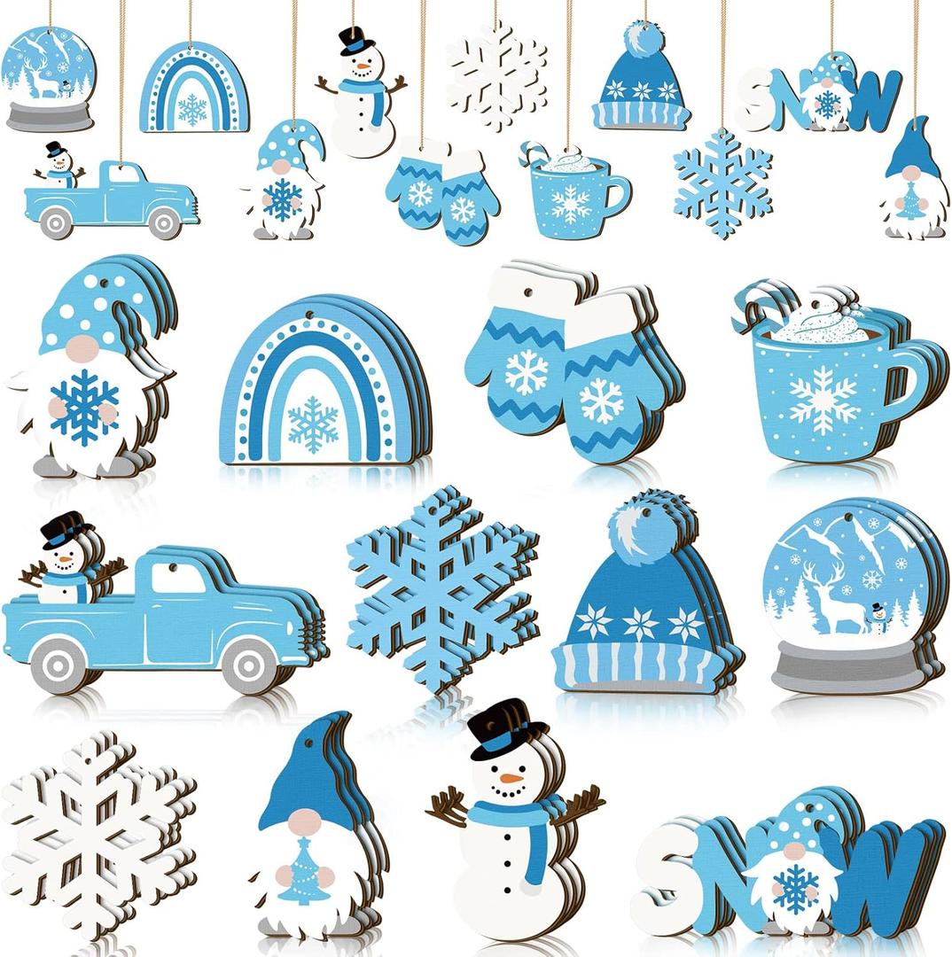 Chunful 36 Pieces Winter Frost Wood Ornaments Ice Bear Cedar Snowflake Glove Truck Hello Winter Ornaments Mini Welcome Christmas Tree Hanging Sign Decorations