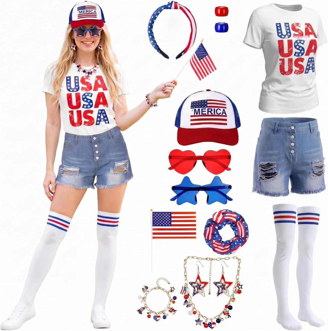 12 Pcs 4th of July Outfit Set for Women Patriotic American T-shirt Jeans Cap Headband Earrings Necklace Bracelet Stockings Sunglasses Hairband Hand Flag Beads Set for Independence Day
