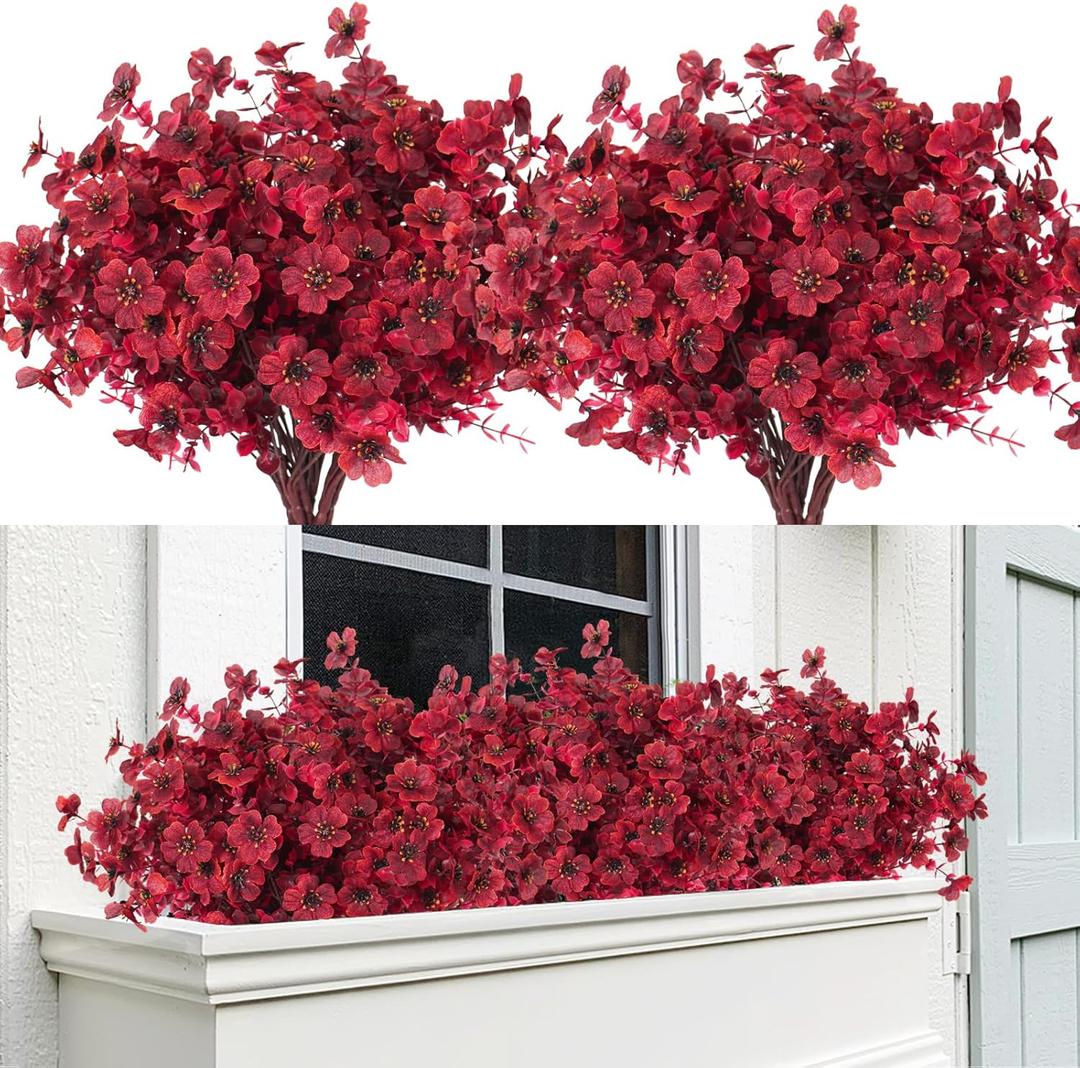 RECUTMS Realistic Artificial Plants Artificial Mums Fall Flowers Fake Fall Plant UV Resistant Fake Flowers Realistic Eucalyptus Leaves Silk Mums Faux Autumn Plant for Thanksgiving Home Decor (Burgundy Red)
