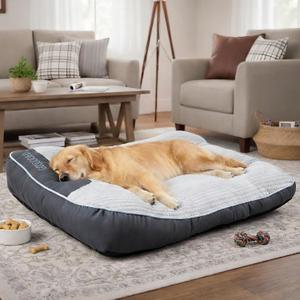 Orthopedic Rectangle Dog Bed for XL Dogs Up to 110lbs, Soft Fluffy Warm Extra Thick Pet Sofa Bed, Ergonomic Curved Crate Pad with Pillow & Non-Slip Bottom(Grey,47" L x 37" W x 8" Th)