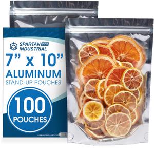 Spartan Industrial - 7" X 10" Aluminum Stand-Up Pouches - Pack of 100 Resealable Silver Bags for Smell-Proof Food Storage and Packaging, Cosmetics, Handmade Goods, and More