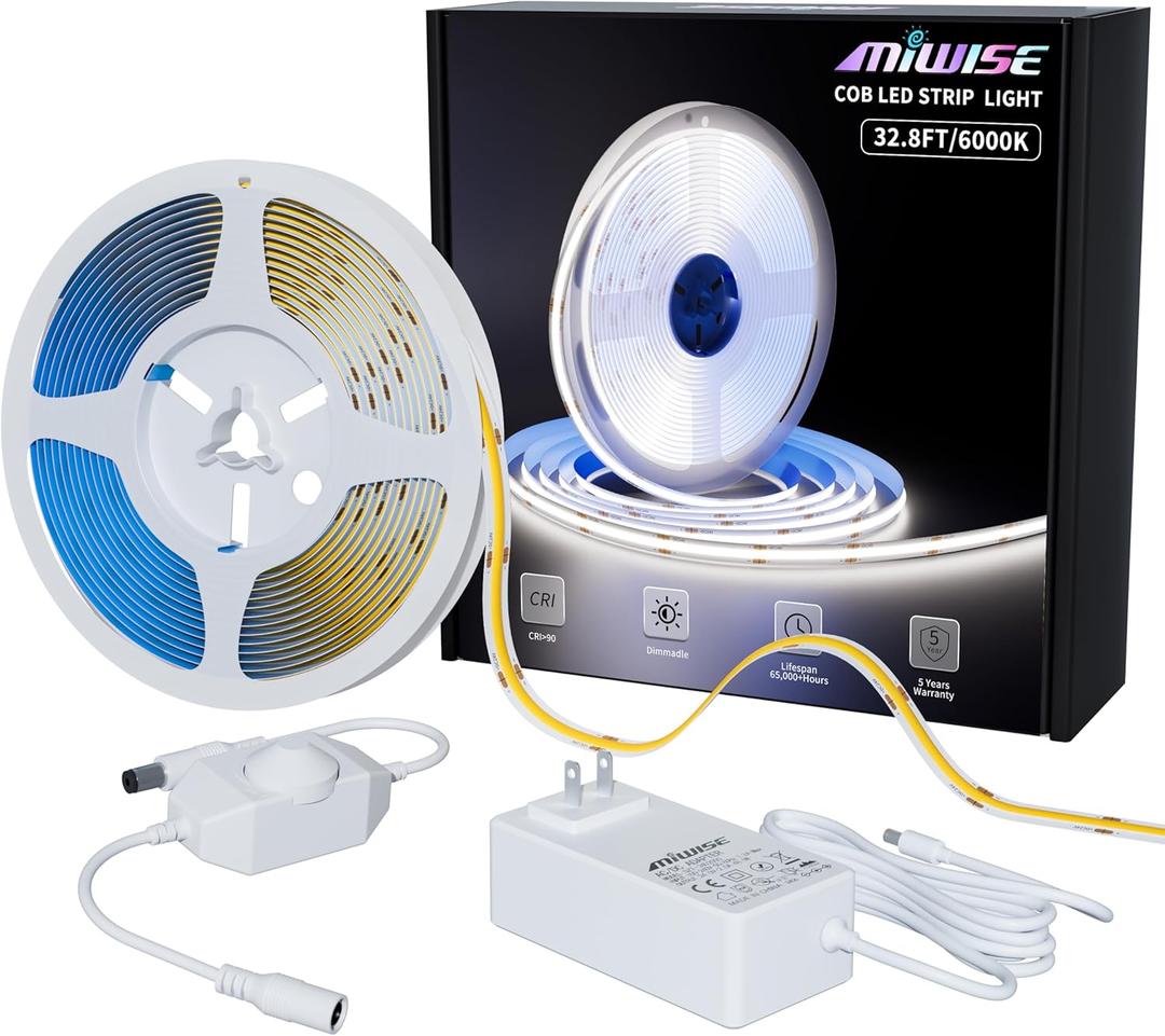 MIWISE COB LED Strip Light 32.8ft/10m,CRI 90+ Daylight White 6000K High Lumen Dimmable Super Bright Flexible DC24V LED Tape Light with Controller/Dimmer,for Cabinet Home Office DIY Lighting Projects
