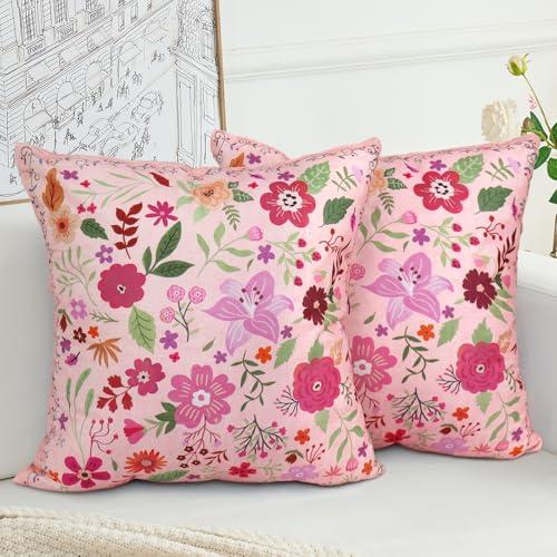 COARVXA Floral Pillow Covers 24x24 Set of 2,Pink Farmhouse Floral Pillow Covers Decorative Double Sided Pattern Cushion Cover Soft Pillow Case for Living Sofa Room Bed Porch Patio Square Pillow Cover