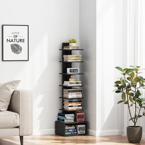TUTOTAK Narrow Bookshelf, Vertical 8-Tier Bookcase, Spine Book Shelf for Small Space, Small Standing Shelf for Living Room, Office, Study, Entryway, Black BS07BK008 (8 Tier with 1 Cube)