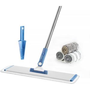 CQT Commercial Flat Microfiber Floor Mop Cleaning System 18" Inch Wet Dry and Dust Hardwood with 4 Washable Pads Cleaner for Laminate Tile Stainless Steel Handle and Extension (PT13-Blue)