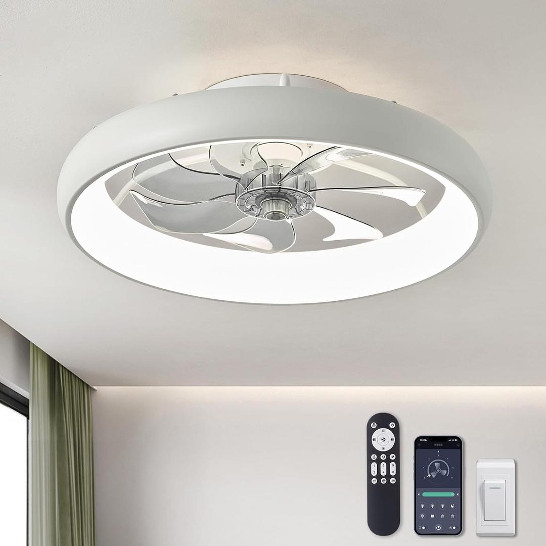 Ceiling Fans with Lights and Remote, 20'' Low Profile Flush Mount, 6 Wind Speeds, Modern Dimmable LED Ceiling Fan, Smart Ceiling Fan for Bedroom, Kids Room (White)