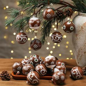 24 Pcs Mexican Talavera Christmas Ornaments Barro Neutral Christmas Tree Ornaments Brown Plastic Hand Painted Balls Cielito Lindo Farmhouse Modern Decor for Home Hispanic Party (2.36'')