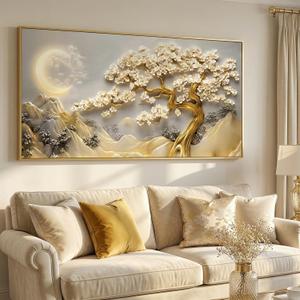 BirdSuite Gold Framed Lucky Tree Wall Art, Framed Canvas Print with Golden Tree & Moon Landscape, Ready to Hang Wall Decor for Living Room Bedroom Office Dining Room Entryway -58"x29"