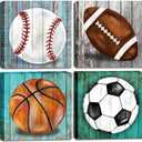 Mulpnee Boys Room Sports Decor Wall Art Posters, Baseball Football Basketball Soccer Canvas Pictures Teen Room Wall Dcor, for Kids Bedroom Nursery Bedroom Living Room Playroom 12"x12"x4Pcs