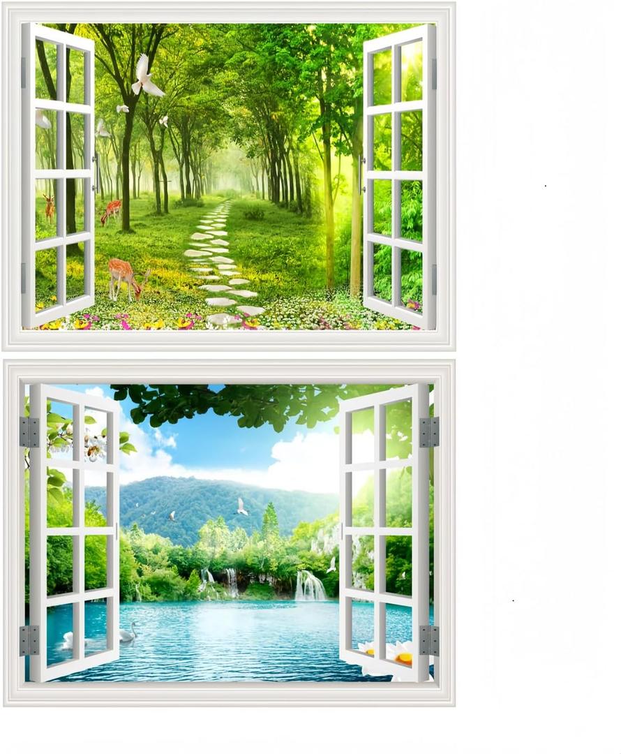 2pcs 3D Self-Adhesive Painting Fake Window Wall Stickers Tropical Island with Palm Trees Wall Mural Window View Wall Decor for Home (Forests and Lakes, 17.3"27.6")