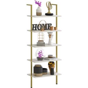 5 Tiers Ladder Shelf White Marble Modern Bookshelf Open Tall Wall Mount Bookcase Standing Leaning Wall Shelves Industrial Decorative