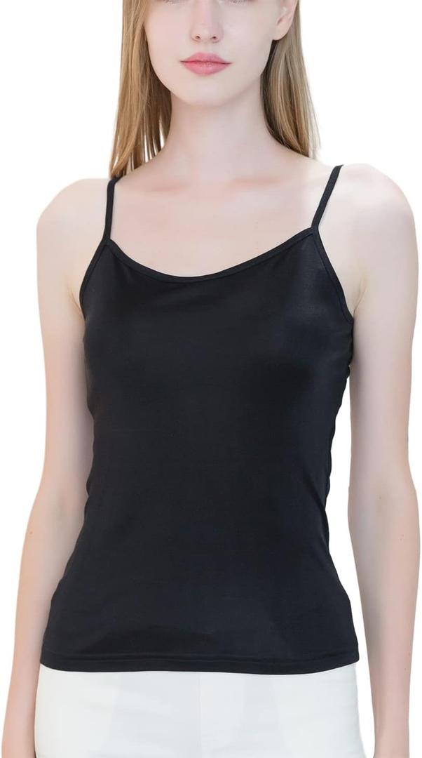 METWAY Womens Silk Camisole/Spaghetti Strap Mulberry Silk Cami Tops/Stretchable Real Knit Silk Tank Undershirt for Layerling (Black) XS
