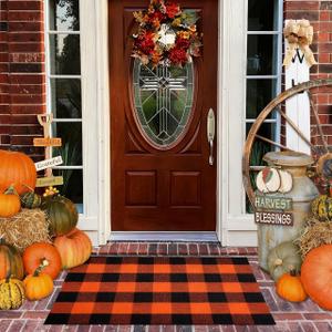PIXFAIRY Cotton Orange and Black Plaid Rug - 27.5 x 43 Inches, Hand-Woven Indoor/Outdoor Layered Cotton Blend Buffalo Plaid Rug, Washable Front Door Mat, Perfect for Porch, Living Room, Entryway