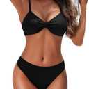 YACUN Womens Two Piece Bikini Sets V Neck Knot Front Bathing Suits High Cut Cheeky Mid Rise Swimsuits 2026 (Black, M)