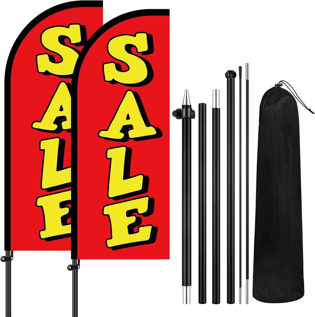 2 Sets Sale Themed Swooper Flag with Storage Bag Flagpole Kit and Ground Stake, 7 ft Sale Banner Feather Flag for Retail Store Business Advertising (Red)