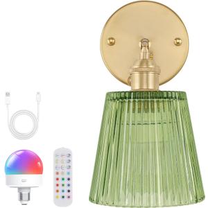 Vintage Battery Operated Wall Sconce with Green Stripe Glass Lampshade Rechargeable Battery Powered Wall Light with Remote Control for Bedside Bedroom Doorway