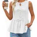 Zanvylia Women Summer Eyelet Peplum Sleeveless Tank Tops Crew Neck Y2K Babydoll Blouse Cute Bow Tie Front Flowy Shirts (US, Alpha, Small, Regular, Regular, White)L