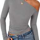 PRETTYGARDEN Womens Off the Shoulder Long Sleeve Shirts | Soft Stretchy Knit Blouse, Slim Fit Asymmetrical Tees, Ruched Going Out Y2K Tops, Spring Fall Trendy Clothes for Date Night (Gray, XL)