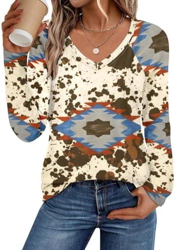 Western Cowgirl Shirts for Women Aztec Long Sleeve Shirt Boho Cow Graphic Tees Country Concert V Neck Loose Fit Tops Size S