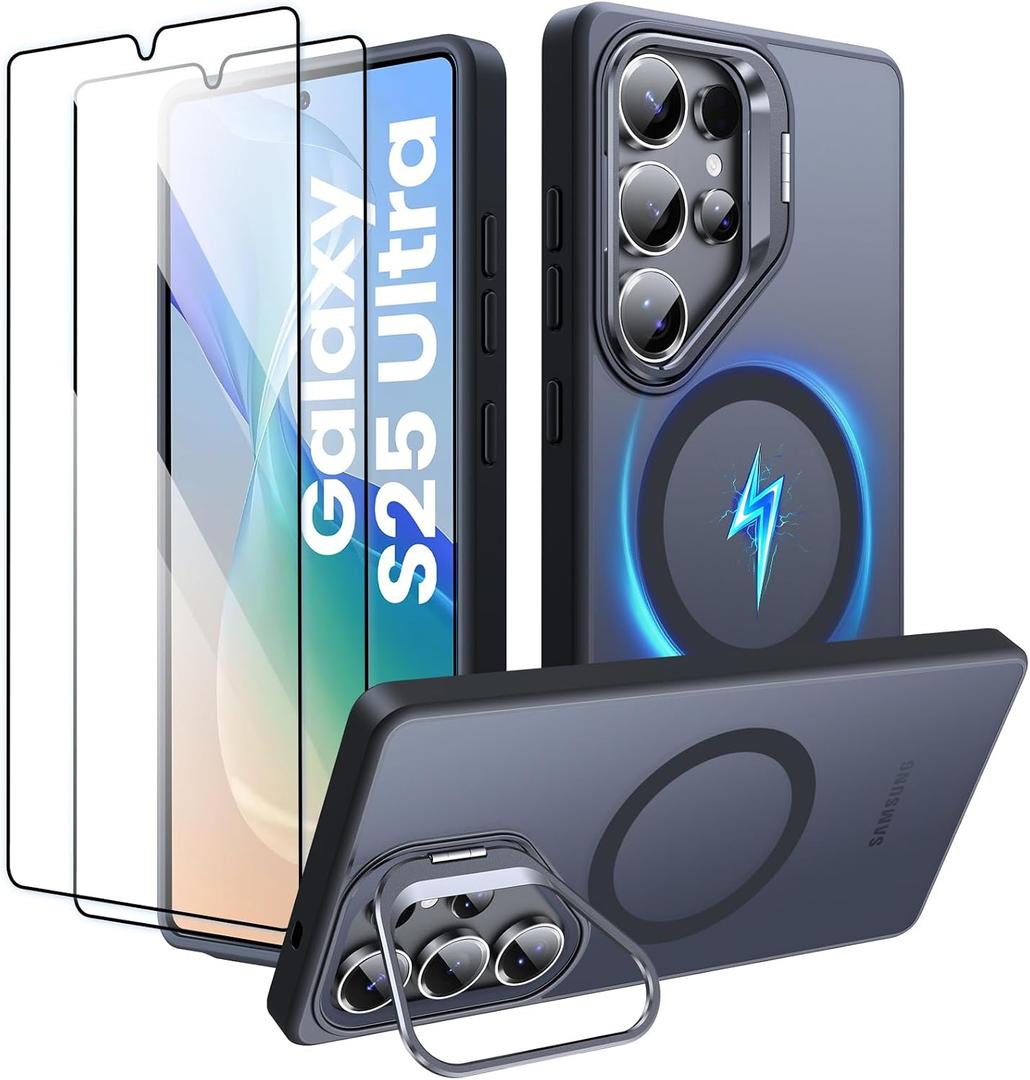 Magnetic Case for Samsung Galaxy S25 Ultra with Stand, Compatible with MagSafe, with 2 HD Screen Protectors, Military-Grade Protection, Translucent Matte Slim Case for S25 Ultra, Black