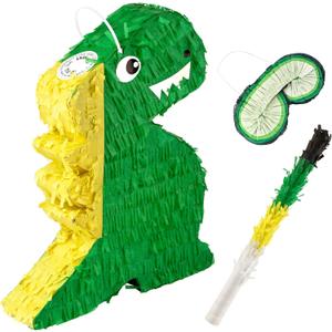 IMPRESA Dinosaur Pinata - Blindfold & Baton for Dino Party Games - 3-Lb Candy Capacity for Birthday Pinata - Vibrant Green Dino Design for Party Decoration - Green, Paper, Pack of 1
