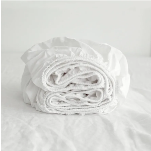 Simple&Opulence Linen Fitted Sheet (1 Piece) Deep Pocket Mattress Cover Natural Flax Cotton Blended Soft Breathable Bedding - White, Twin Size