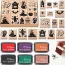 17 Pcs Halloween Wooden Rubber Stamps with Craft Ink Pads Mixed Spooky Witch Rubber Stamps for Card Making Decoration Party Gift Decor Scrapbooking Supplies