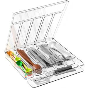 Yieach Clear Silverware Organizer with Lid - 12 inch Wide - Large Silverware Drawer Organizer & Tray and Utensil Drawer Organizers with Lid,BPA Free Plastic Flatware Drawers Organizers for Fork,Spoon