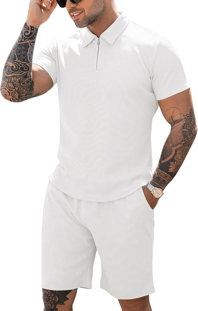 URRU Men's Polo Shirt and Shorts Set Summer Outfits Casual Short Sleeve Polo Suit for Men 2 Piece Shorts Tracksuit Set (White, M)