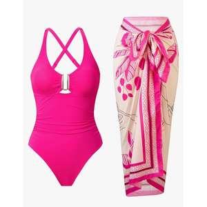 One Piece Swimsuit Women with Cover Up Set Retro Bathing Suit for Women Tummy Control Beach Wrap Skirt, Size M