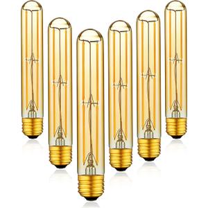 T10 Dimmable LED Tubular Bulb, Amber Long Tube Edison Light Retro Bulb, 6W, 60W Equivalent, Warm White 2700K, E26 Medium Base, Pendant Lighting Wall Sconces,Vanity 6 Pack