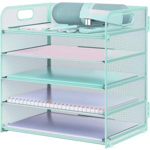 Letter Tray Paper Organizer 5-Tier Desk Organizer File Organizer Paper Holder with Handle, Metal Desktop Document Shelf Tray Office Classroom Organization - Blue