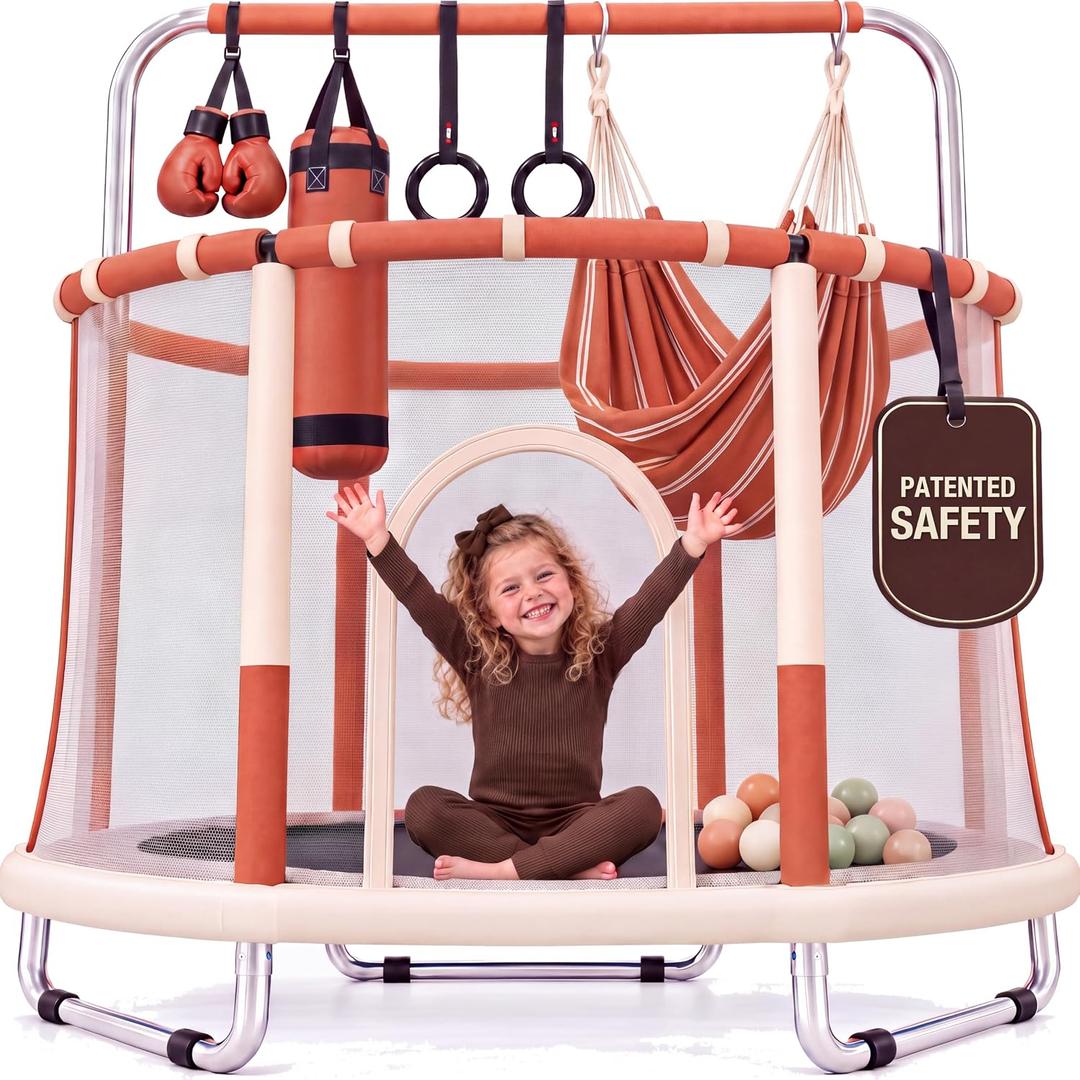 Happin® 55’’ Trampoline for Kids with Safety Enclosure, Indoor & Outdoor Toddler Trampoline, Ultra Safe Design with Multi Activity Accessories, Perfect Toddler Gift for Boys & Girls Ages 1–8
