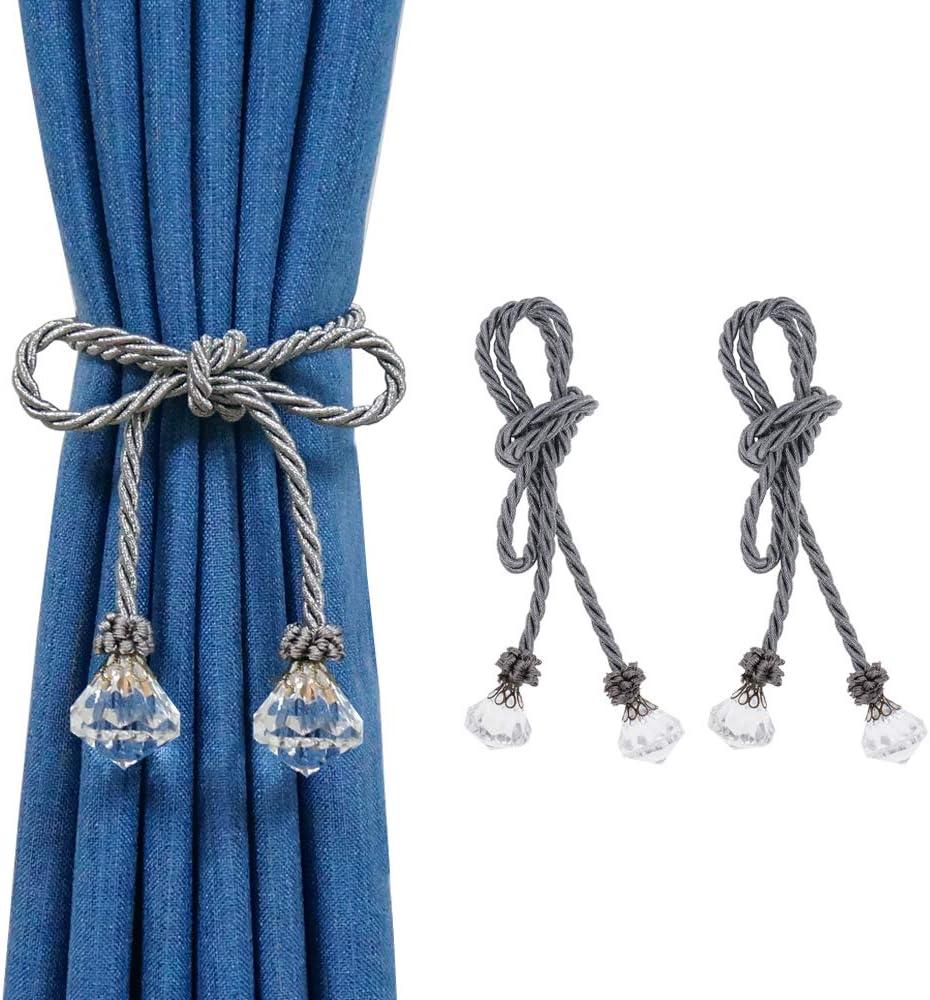 Curtain Tiebacks Rope with Crystal, 2pcs Decorative Handmade Tie Back Curtain Holdbacks Ropes for Window Sheer Drapes Home Office, Dark Grey