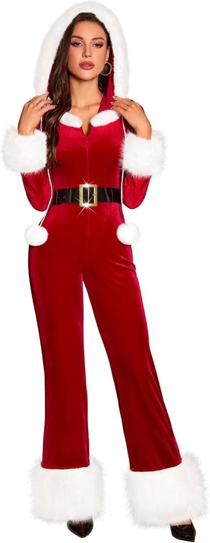 RSLOVE Women's Christmas Jumpsuit - Velvet Santa Costume Faux Fur Trim One Piece Holiday Xmas Outfit with Belt Red (Medium)