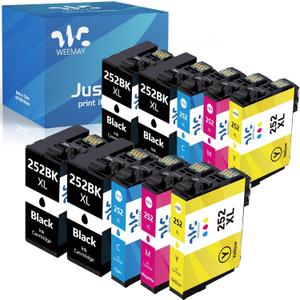 Weemay 252XL Ink Cartridges Combo Pack (10 Pack) Remanufactured Replacement for Epson 252XL 252 Ink Cartridges T252XL Use with Epson Workforce WF-3640 WF-3620 WF-7110 WF-7210 Printer (4BK/2C/2M/2Y)