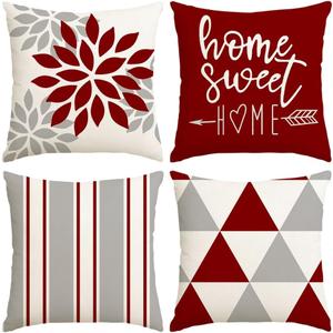 RABUSOFA Pillow Covers 20x20 Set of 4 Home Sweet Home Modern Decorative Throw Cushion Covers Striped Geometric Outdoor Pillow Case for Couch Bed Burgundy Gray