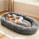 XXL Human Dog Bed 79"x44"x12.5" Cozy Giant Floor Bed for Adults, Soft Faux Fur Human Sized Dog Bed with Washable Removable Cover, Side Pocket & Blanket, Black Grey