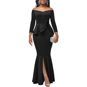 Elegant Evening Prom Gown Maxi Dresses for Women HOT Sexy Off Shoulder Long Sleeve Formal Bodycon Split Long Cocktail Party Dress,539Black XX-Large