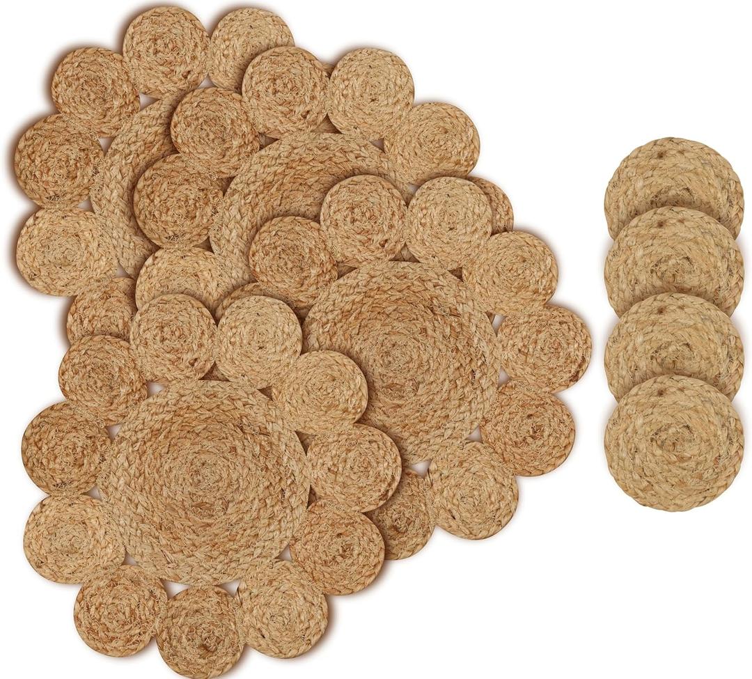 4 Pack Round Jute Woven Placemats and Coasters Set - Cotton Braided Dining Table Mat, Heat-Resistant Pot Holders, 13" Dia Placemats & 4" Dia Coasters - Natural (13" RND/4" RND)