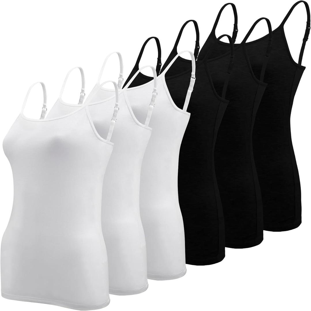 BQTQ 6 Pcs Women's Camisole Tops Undershirts Adjustable Spaghetti Strap Tank Top (Medium, Black, White)