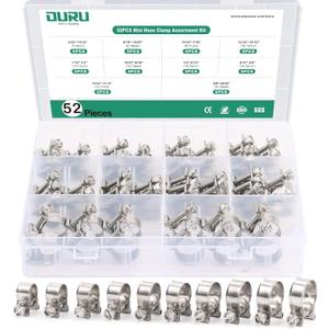 OURU 52PCS Fuel Line Clamp Assortment Kit 304 Stainless Steel,10 Sizes Adjustable 9/32"-23/32" Dia (7-18mm) Mini Fuel Injection Gas Line Hose Clamps,Pipe Clamp for Automotive,Diesel Petrol Pipe