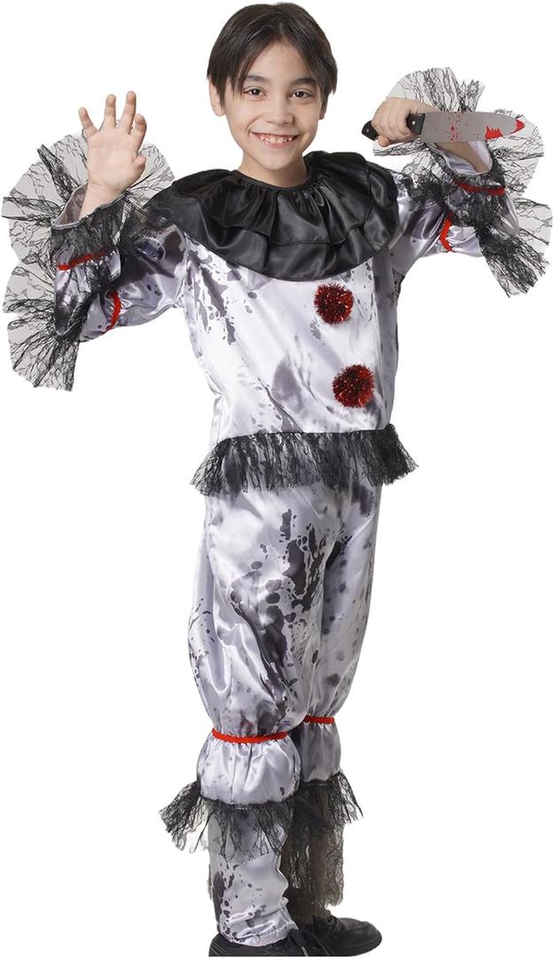 Kids Scary Clown Costume Unisex Gray Satin with Black Lace Creepy Clown Jumpsuit for Halloween, Carnival, School Play, 13-15, Grey Jumpsuit