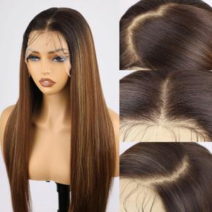 SKURI 134 Chocolate Brown Lace Front Wig with Highlights 26 Inch Straight Wigs for Women Synthetic Lace Front Wigs with Baby Hair Ombre Brown Wig Synthetic wigs for Daily