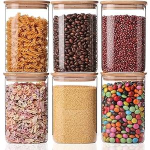 YUNCANG Glass Storage Jars 6 Pack 37oz Clear Glass Food Storage Containers with Airtight Bamboo Lid Stackable Kitchen Canisters for Candy,Cookie,Rice,Sugar,Flour,Pasta,Nuts and Spice Jars(Square)