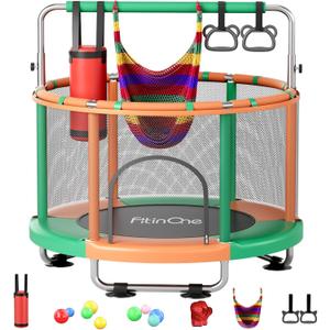 FitinOne 55" Toddler Mini Trampoline for Kids, Indoor Outdoor Toys with Swing, 440lbs Baby Kids Trampoline, Gymnastics Bar, Birthday Gifts for Boy Girl Age 1-8(Green)