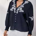 Milumia Women's Floral Embroidery Puff Long Sleeve Blouse Boho Button Front V Neck Shirt Tops (L)